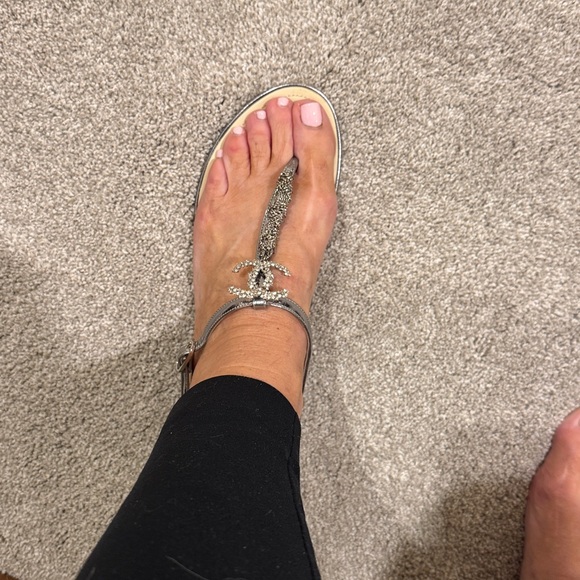 Chanel Silver Chain T-Strap Sandals - Picture 7 of 9